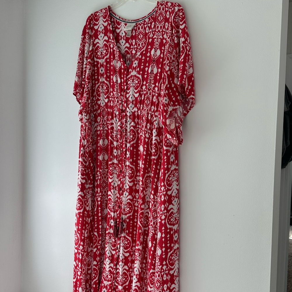 Knox Rose Red and White Button-Up Boho Dress- L